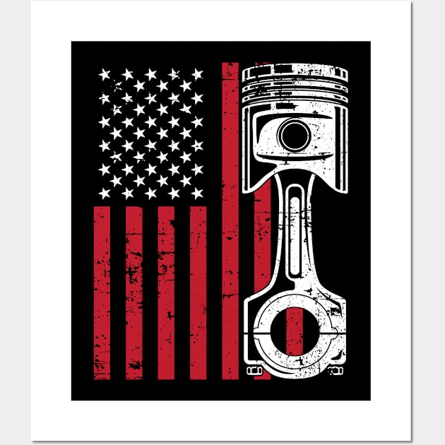 Patriotic American Flag Piston Muscle Car Vintage Distressed Wall Art by hobrath